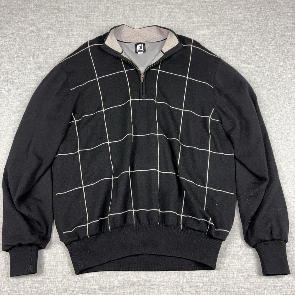 FootJoy Sweater Mens XL Black 1/4 Zip Mock Neck Wool Check Knit Pullover